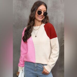 Color Block Ribbed Cuff Drop Shoulder Sweater